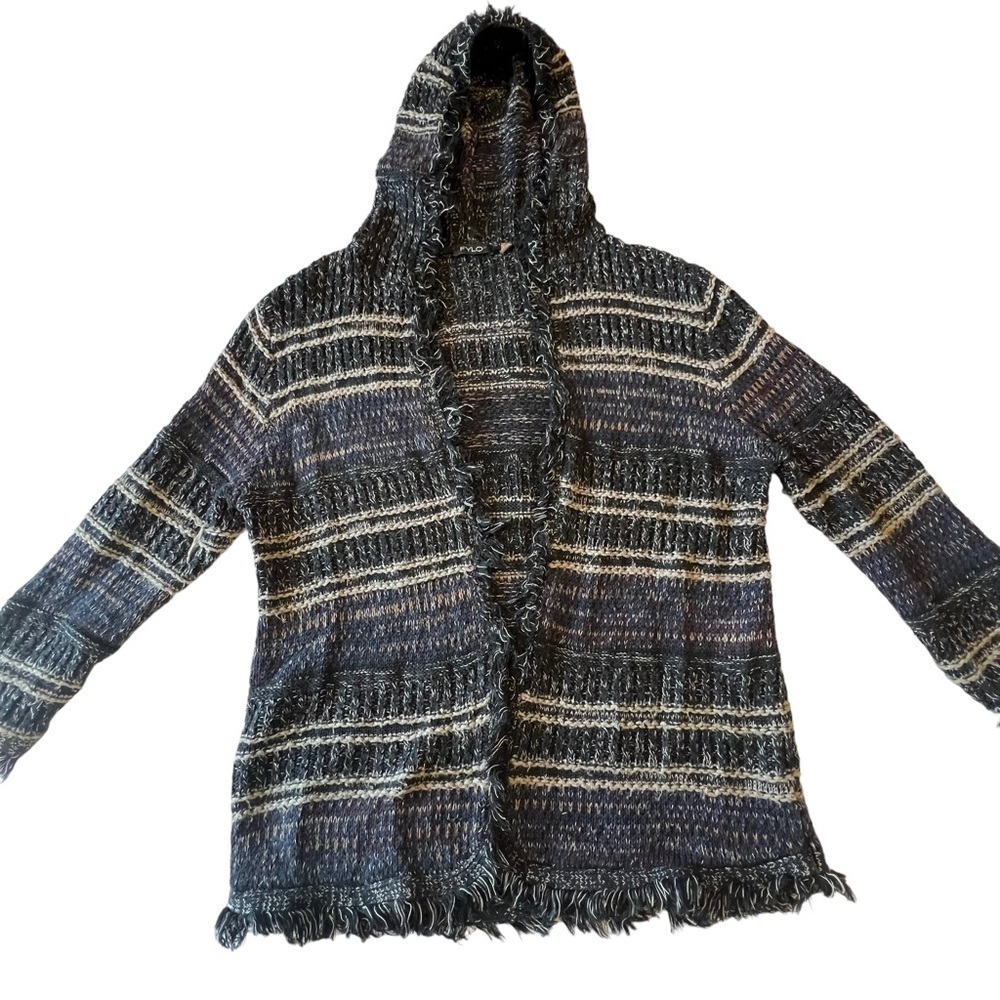 Fylo London Open Front Cardigan large Blue Gray Striped Hooded Fringe